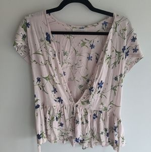 Floral waist tie deep V peplum top